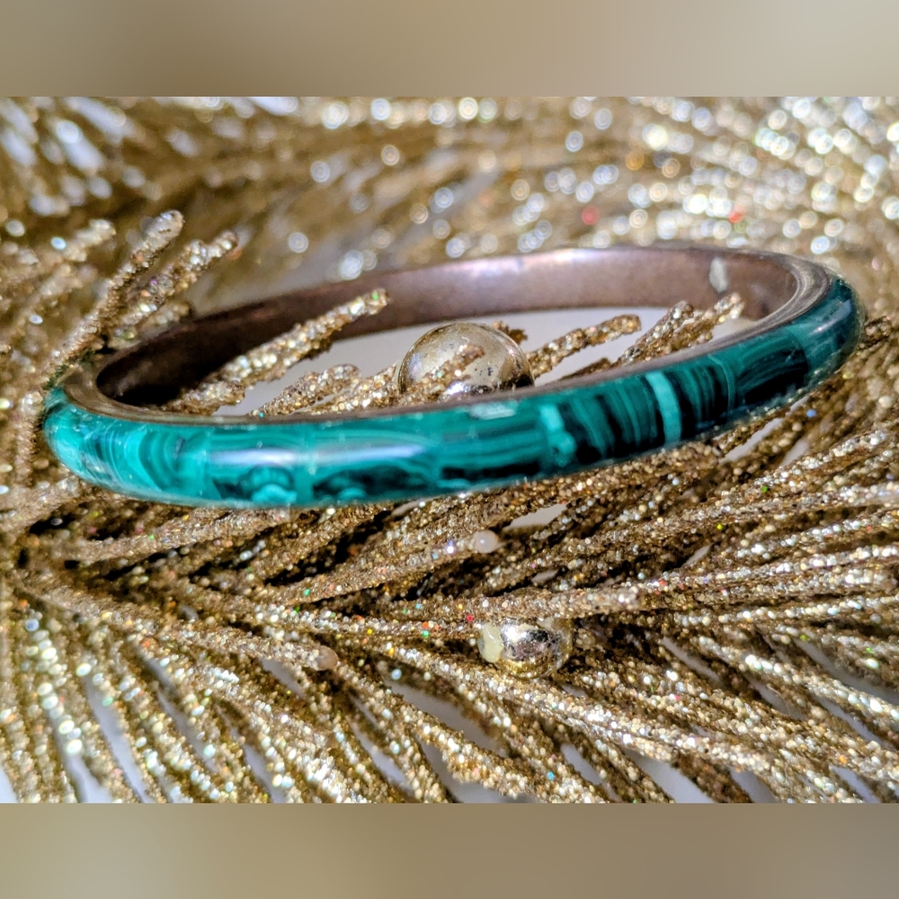 Vintage Malachite and Brass Bangle Bracelet